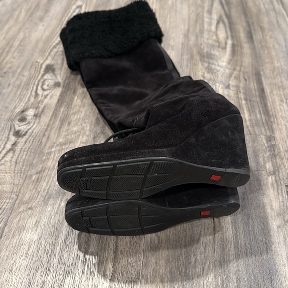 Prada Sport Black Suede Wedge Tall Shearling Leather Boots Size 38 - Picture 6 of 14